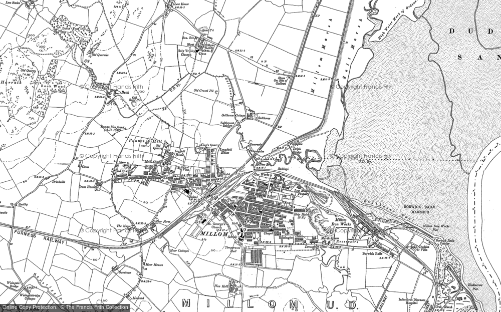 Old Map of Historic Map covering Borwick Rails Harbour in 1922
