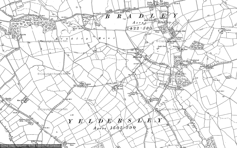 Old Map of Historic Map covering Bradley Moor in 1880