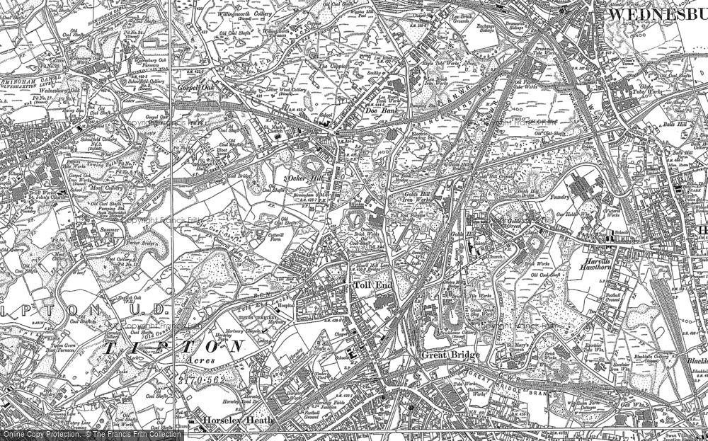 Old Map of Historic Map covering Wednesbury Oak in 1885