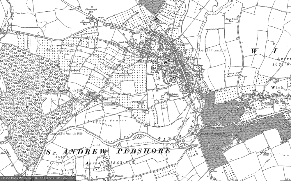 Old Map of Historic Map covering Pershore Hall in 1884