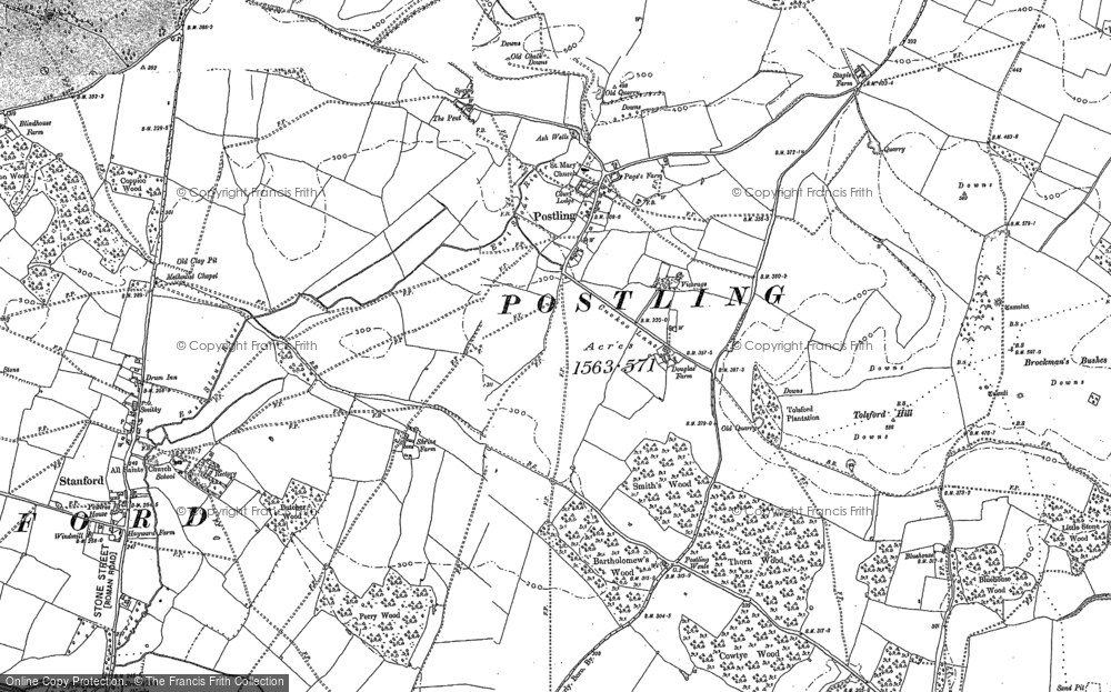 Old Map of Historic Map covering Tolsford Hill in 1896