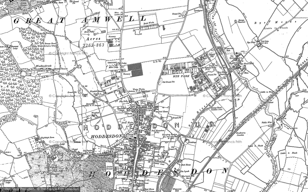 Old Map of Historic Map covering Rye Meads in 1896