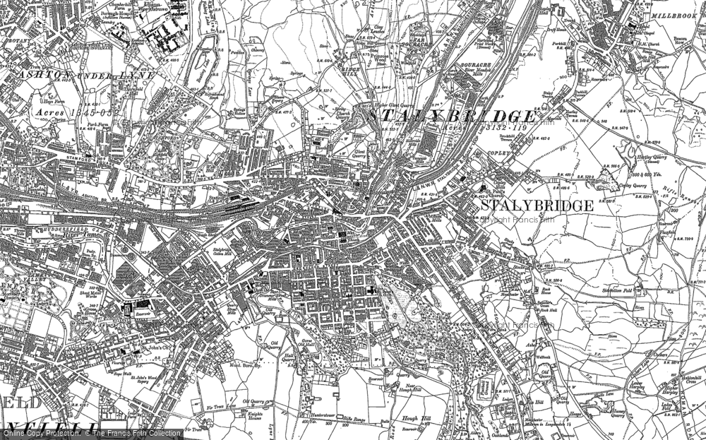 OLD ORDNANCE SURVEY MAP STALYBRIDGE TOWN CENTRE 1874 TOWN HALL KING STREET 
