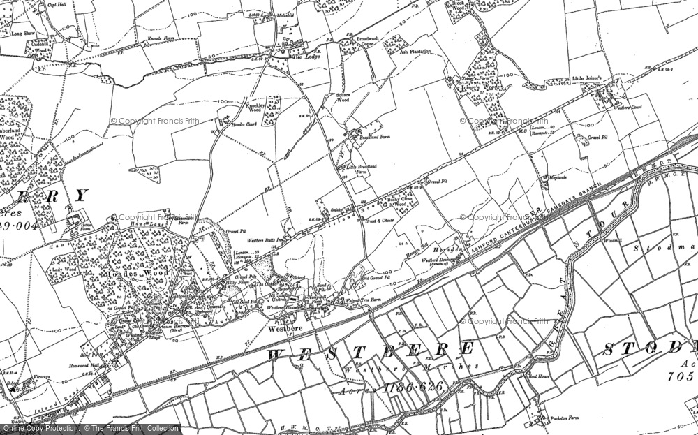 Old Map of Historic Map covering Westbere Marshes in 1896