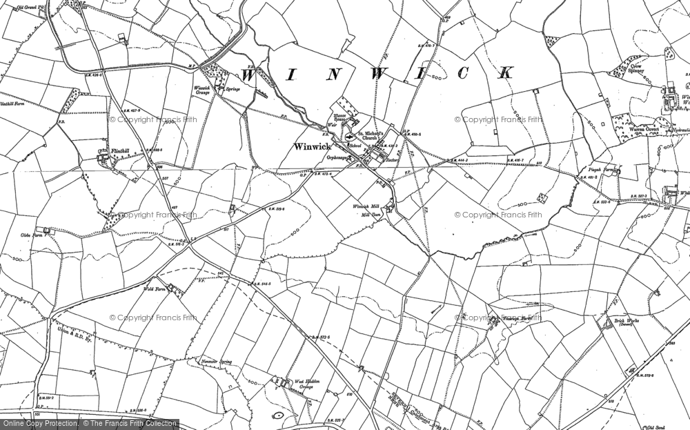 Old Map of Historic Map covering Winwick Grange in 1884