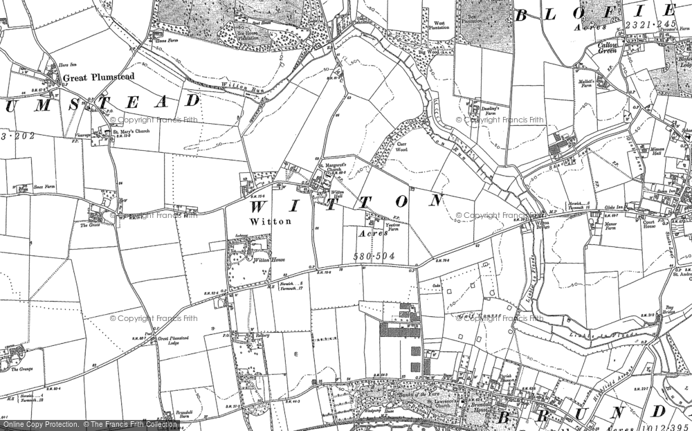 Old Map of Historic Map covering Brundall Gardens in 1881