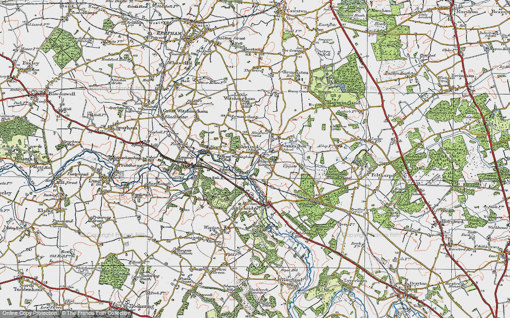 Old Map of Historic Map covering Alderford Common in 1922
