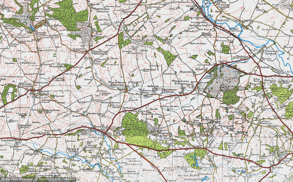 Old Map of Historic Map covering Bloxworth Down in 1919