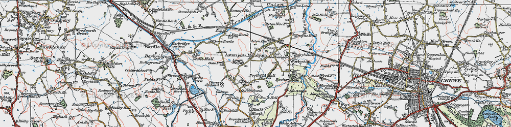 Old map of Aston juxta Mondrum in 1923