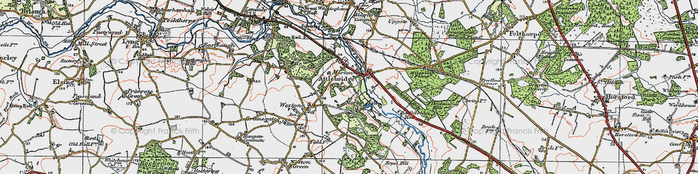Old map of Attlebridge Hills in 1922