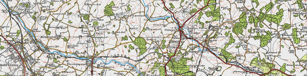 Old map of Ayot St Peter in 1920