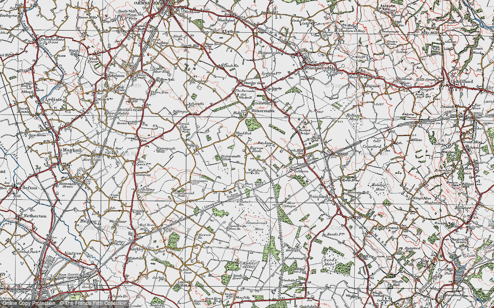 Old Map of Historic Map covering Bickerstaffe Moss in 1923