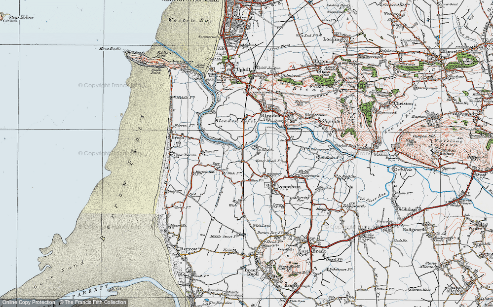 Old Map of Historic Map covering Bleadon Level in 1919
