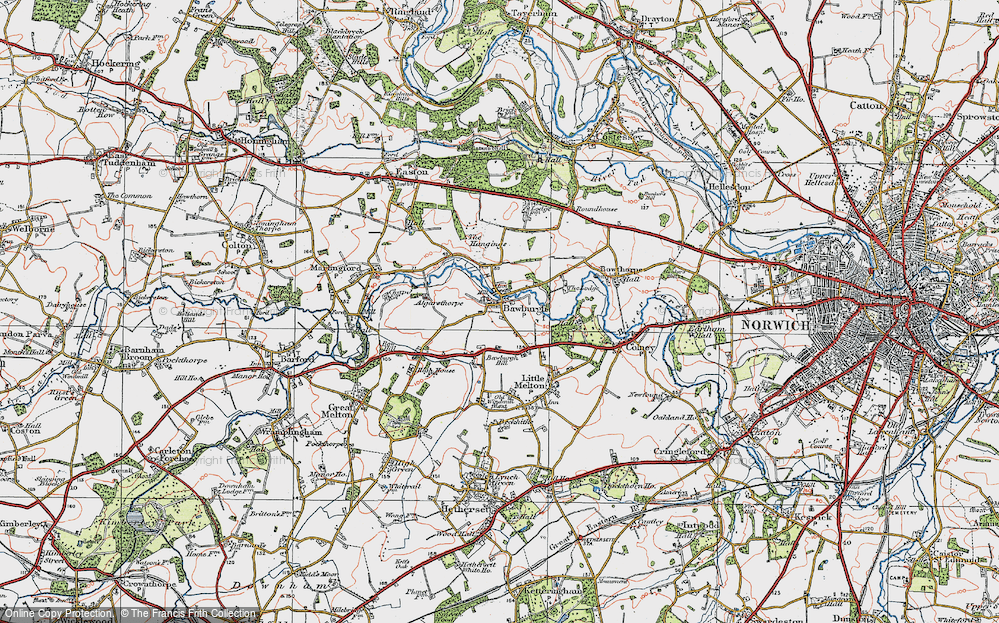 Old Map of Historic Map covering Bawburgh Hill in 1922