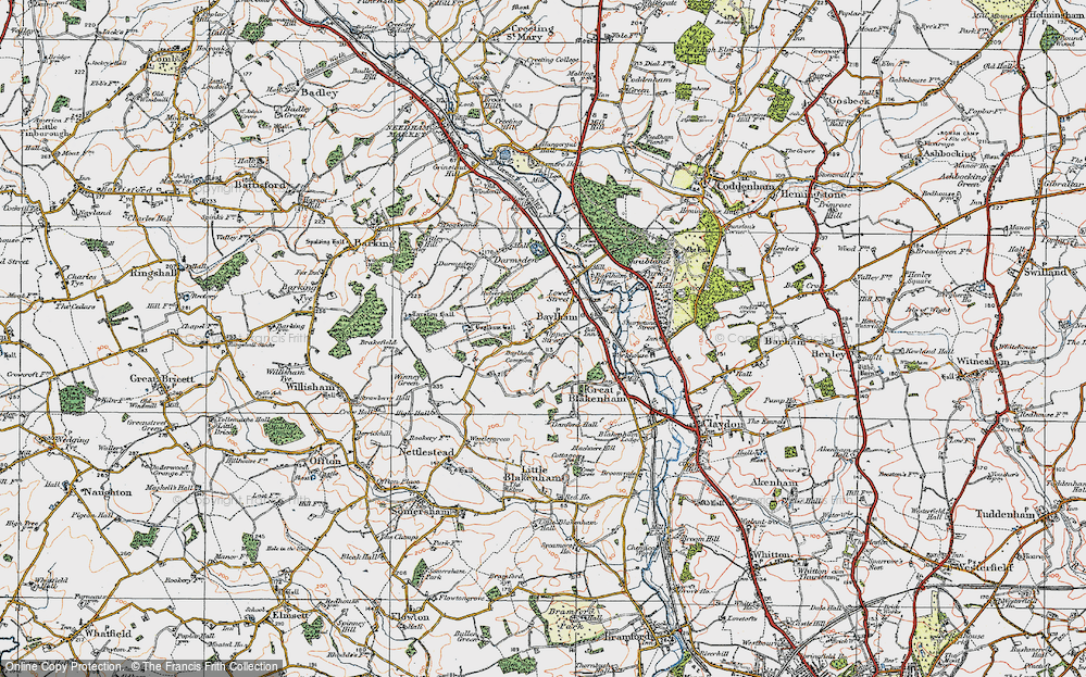 Old Map of Historic Map covering Baylham Common in 1921