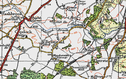 Old map of Belstead Brook in 1921