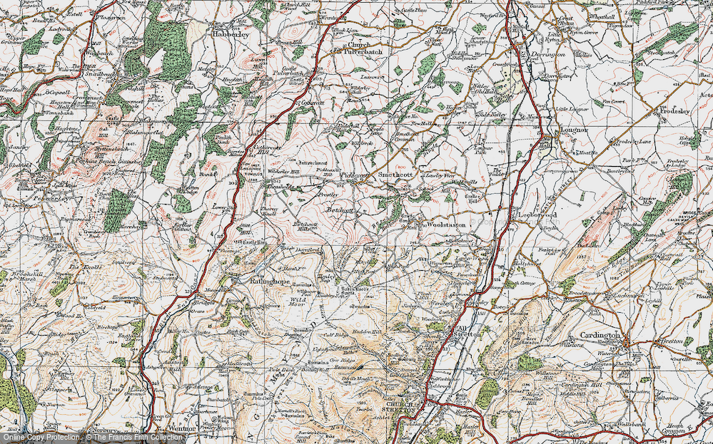 Old Map of Historic Map covering Betchcott Hills in 1921