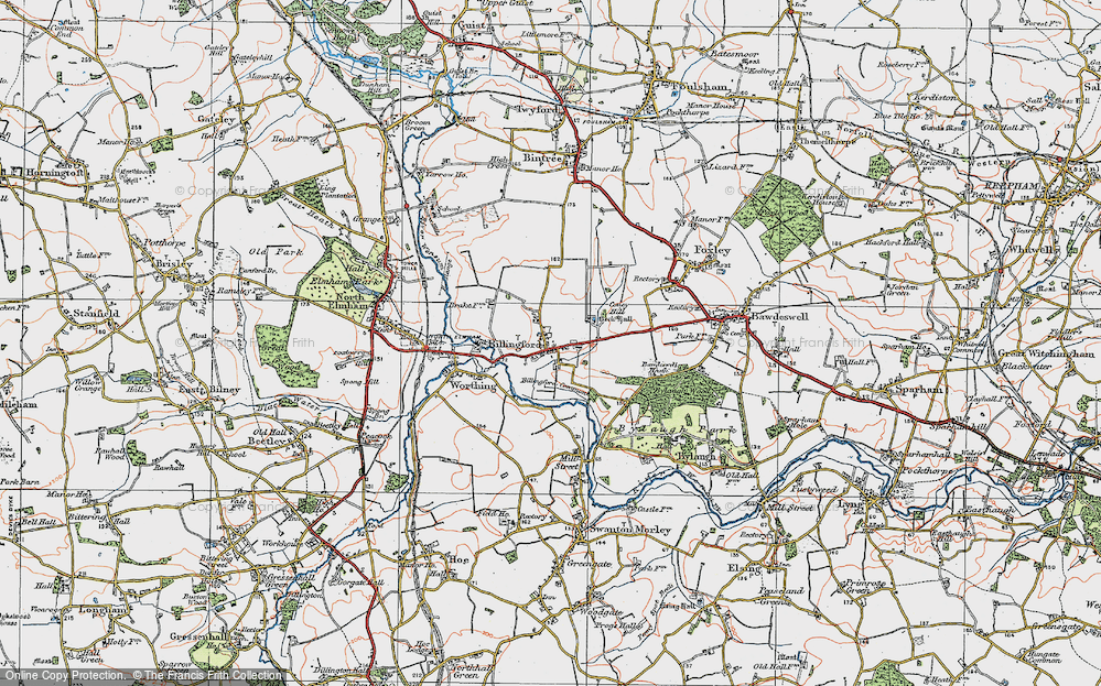 Old Map of Historic Map covering Billingford Common in 1921