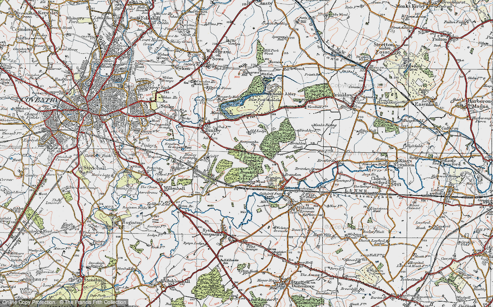 Old Map of Historic Map covering Brandon Wood in 1920