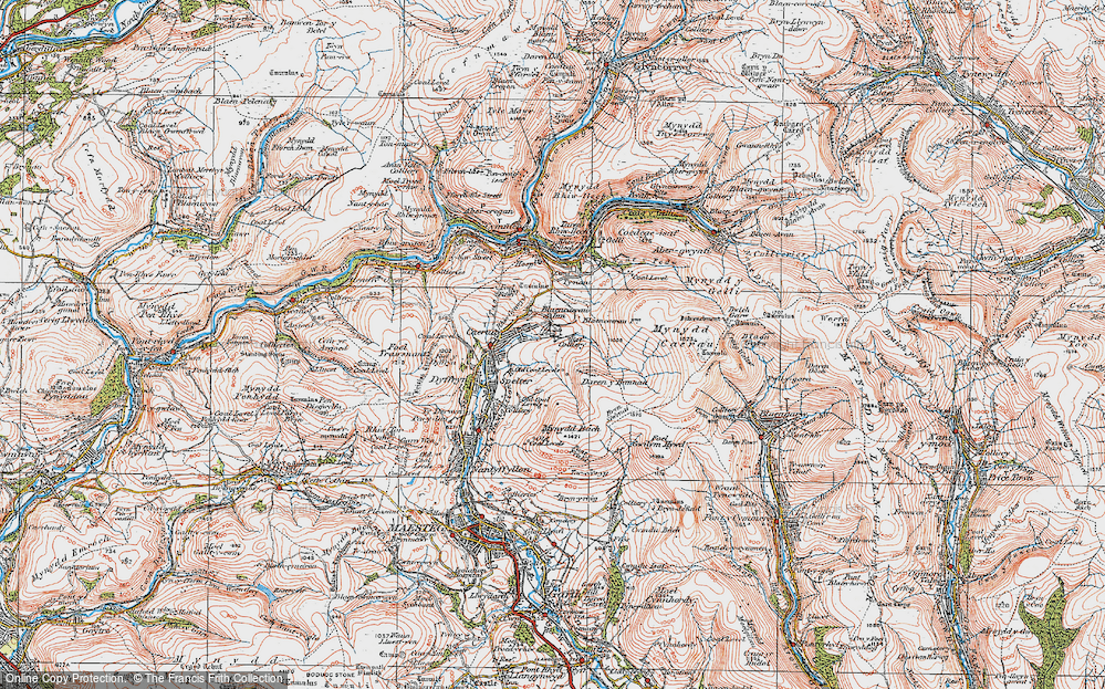 Old Map of Historic Map covering Mynydd Caerau in 1923