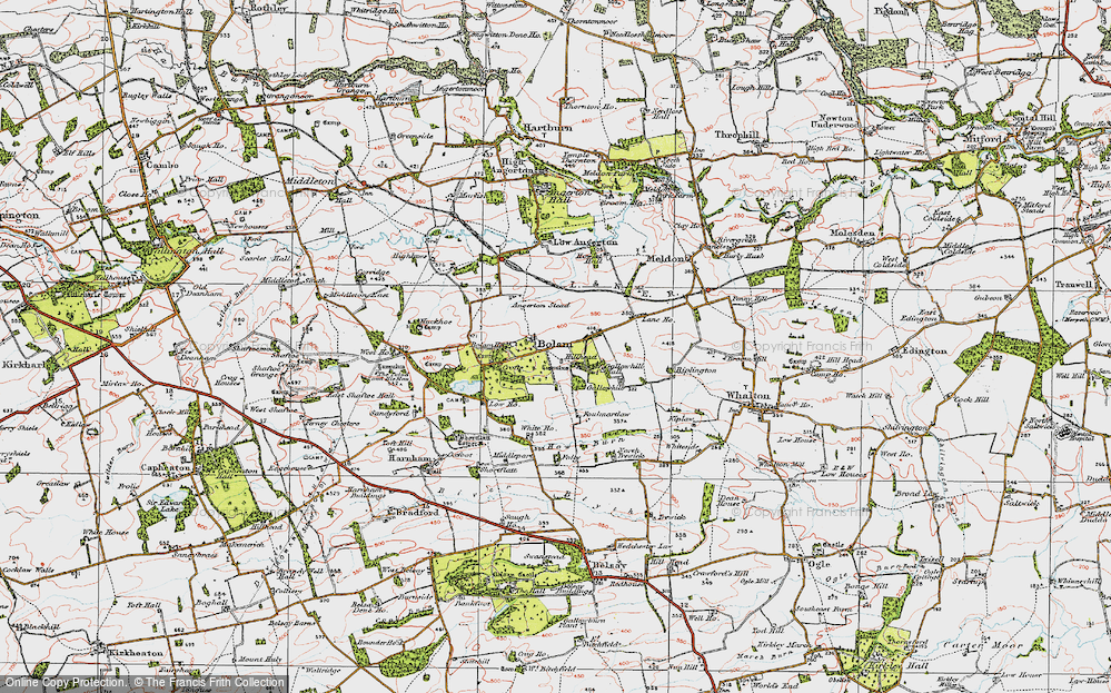Old Map of Historic Map covering Bolam Lake in 1925