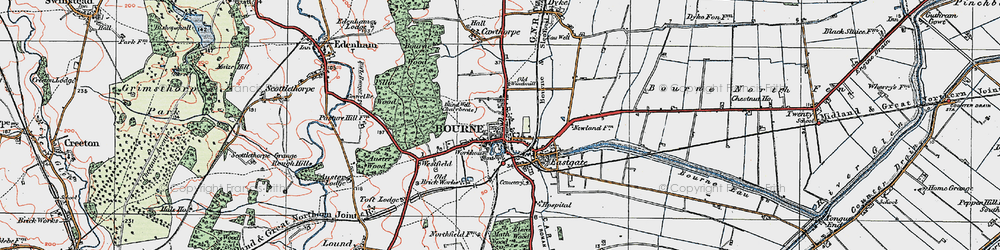 Old map of Bourne in 1922
