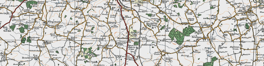 Old map of Bradfield Combust in 1921