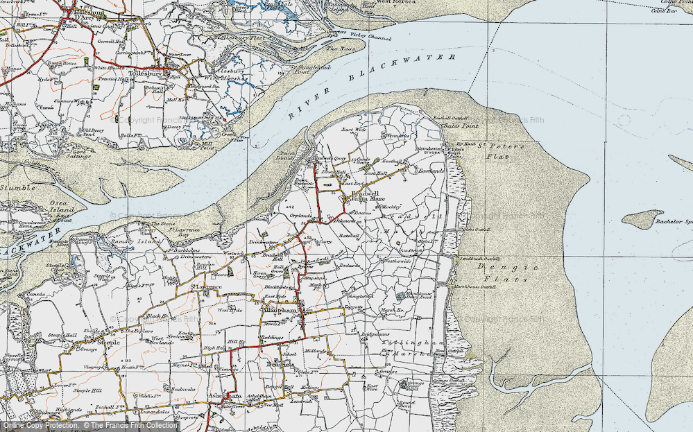Old Map of Historic Map covering Bradwell Marshes in 1921