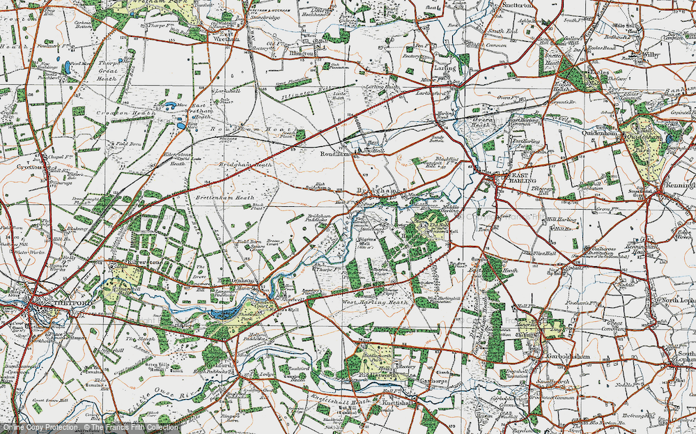 Old Map of Historic Map covering Brettenham Heath in 1920