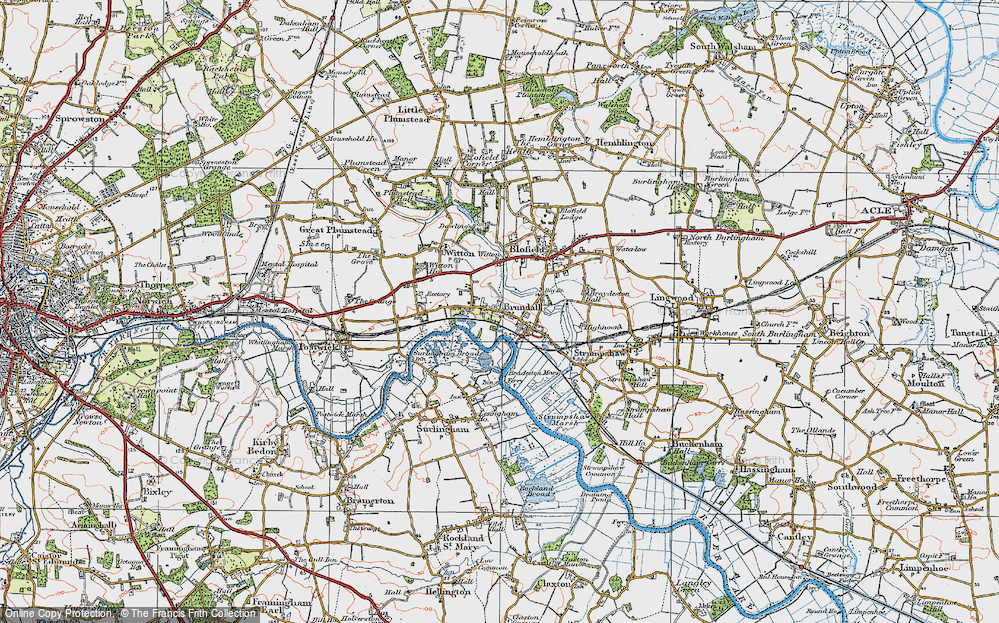Old Map of Historic Map covering Bradeston Marsh in 1922