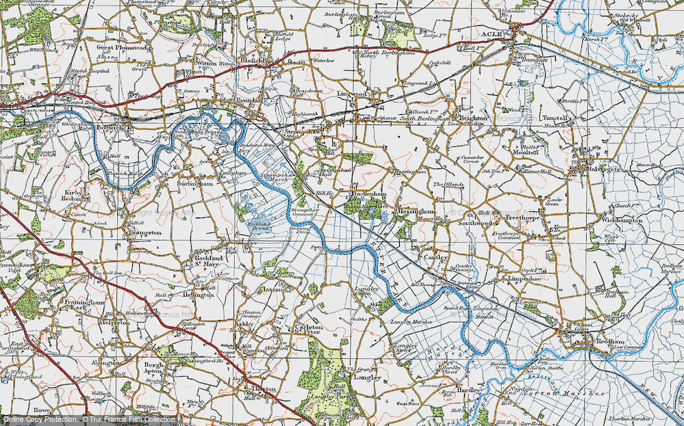 Old Map of Historic Map covering Buckenham Carrs in 1922