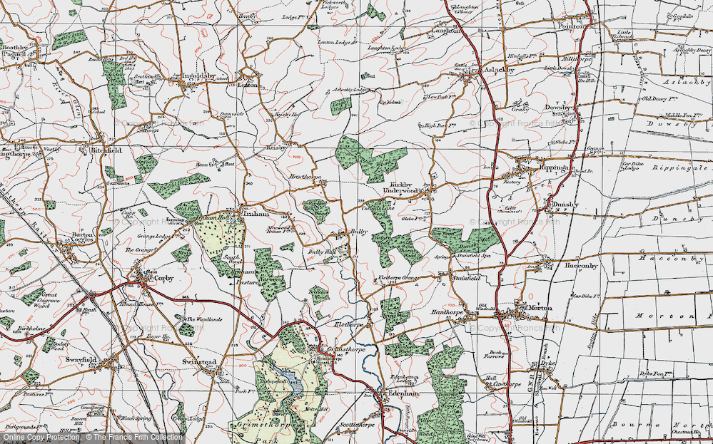 Old Map of Historic Map covering Bulby Hall Wood in 1922