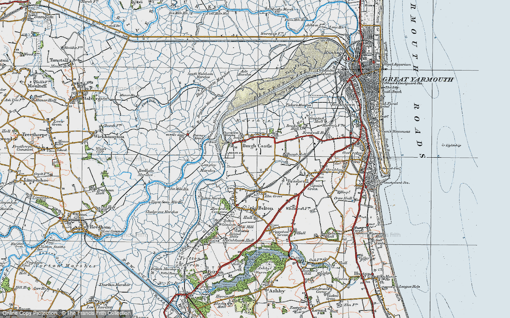 Old Map of Historic Map covering Breydon Water in 1922