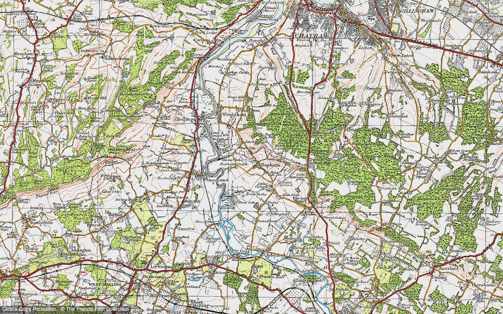 Old Map of Historic Map covering Bridge Woods in 1921