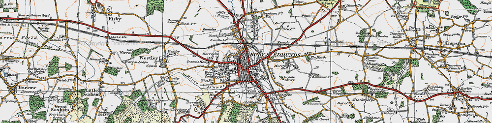 Old map of Bury St Edmunds in 1921