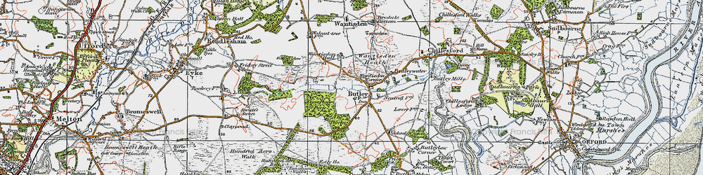 Old map of Bentwaters Airfield (disused) in 1921