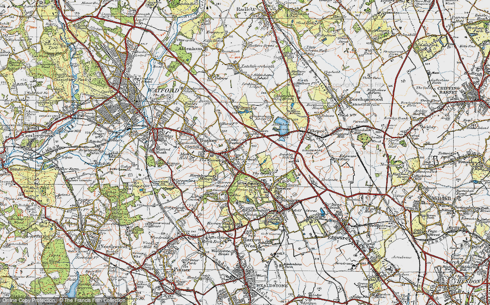 Old Map of Historic Map covering Bentley Priory in 1920