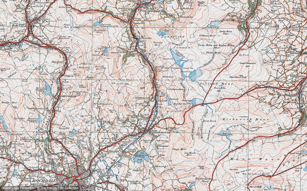 Old Map of Historic Map covering Blackstone Edge Reservoir in 1925
