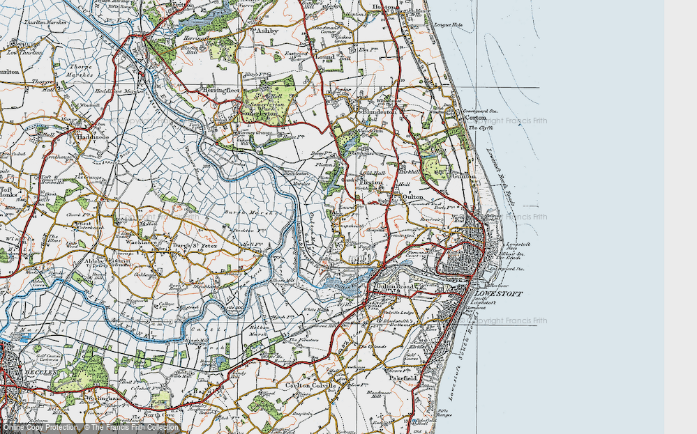 Old Map of Historic Map covering Blundeston Marshes in 1922
