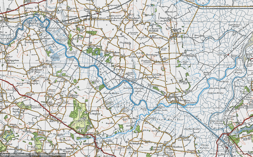 Old Map of Historic Map covering Langley Marshes in 1922