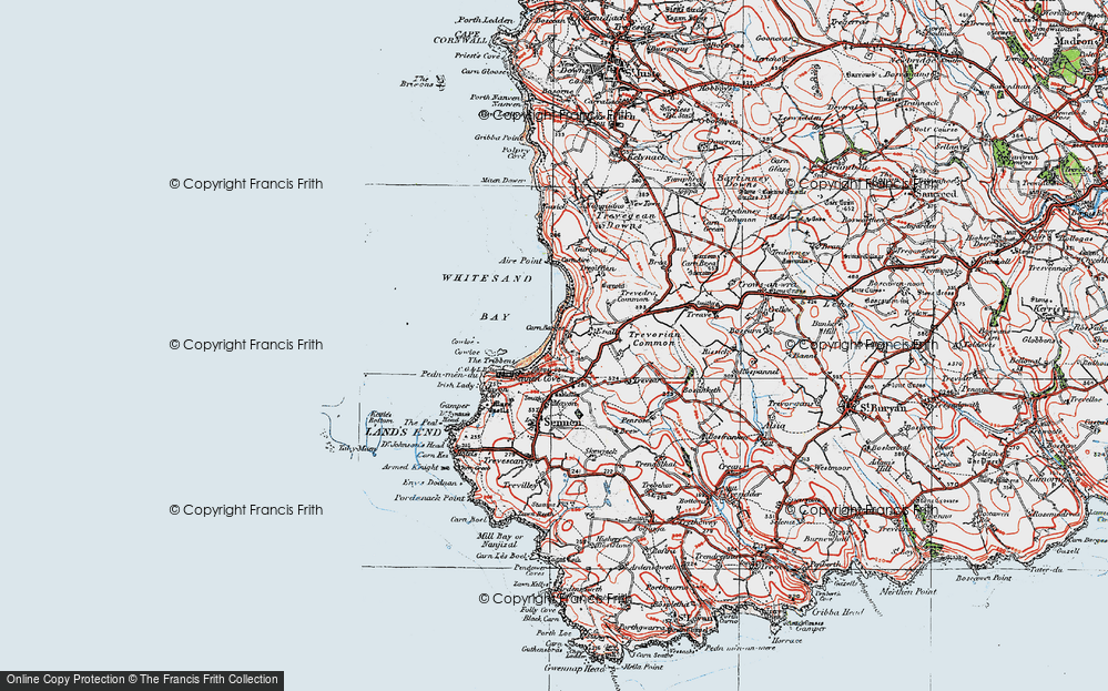 Old Map of Historic Map covering Whitesand Bay in 1919