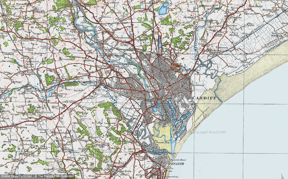 Old Map of Historic Map covering Cardiff in 1919