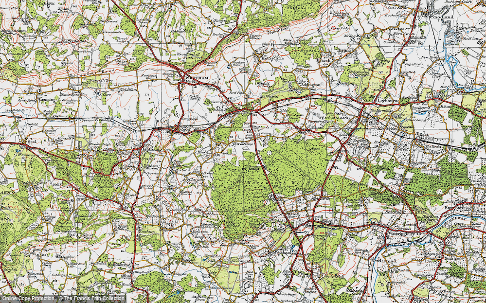 Old Map of Historic Map covering Mereworth Woods in 1920