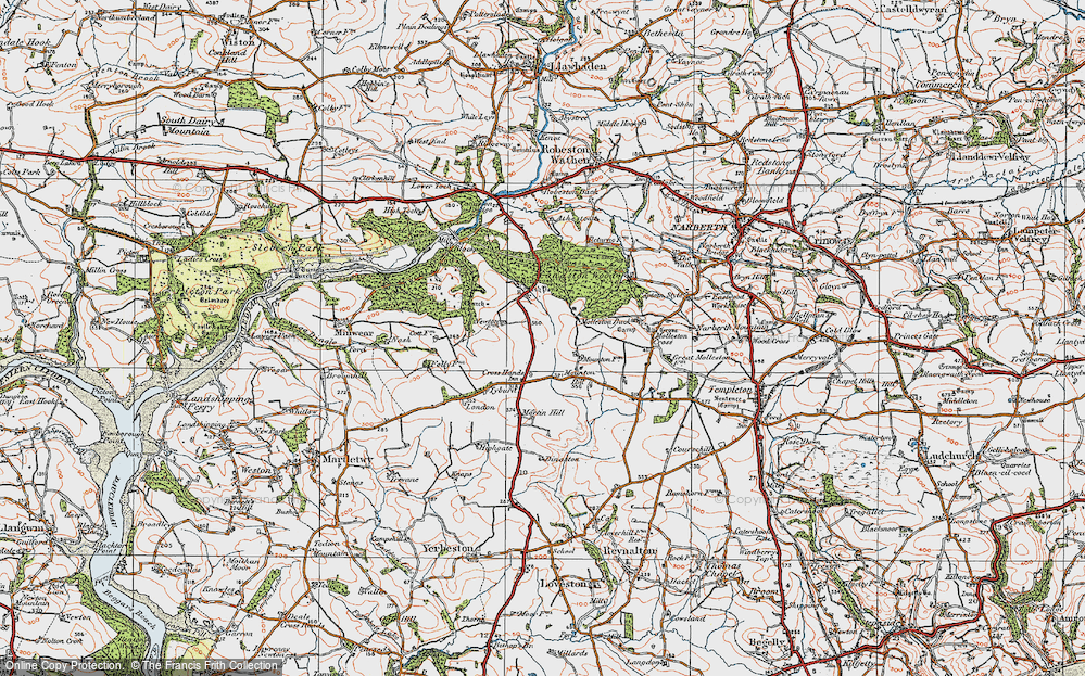 Old Map of Historic Map covering Molleston Cross in 1922