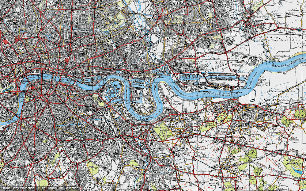 Old Map of Historic Map covering Blackwall Reach in 1920