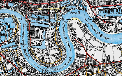 Old map of Blackwall Reach in 1920