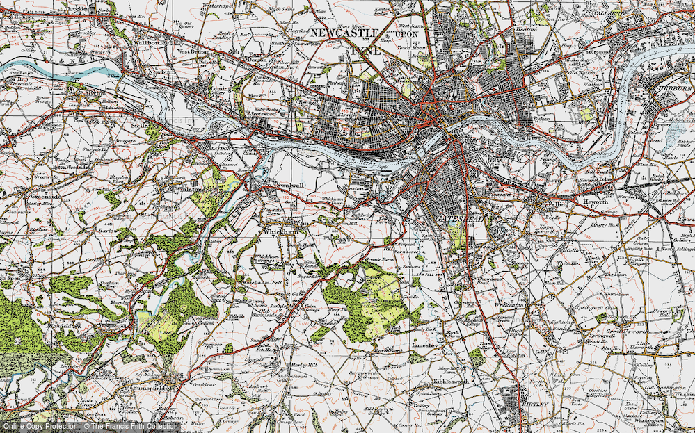 Old Map of Historic Map covering Whickham Thorns in 1925