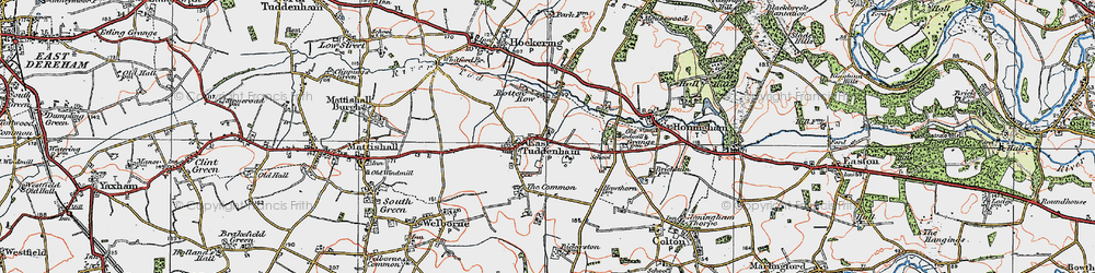 Old map of East Tuddenham in 1921