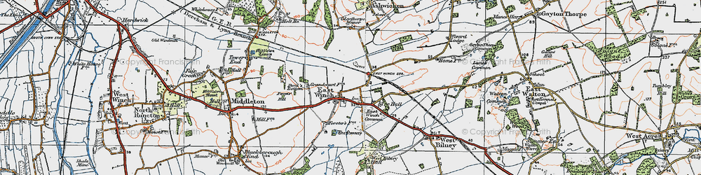 Old map of East Winch in 1921