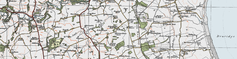Old map of Eshott in 1925